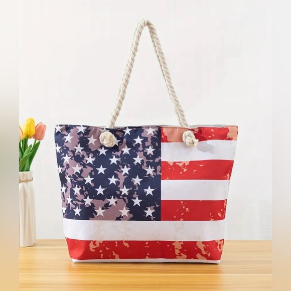 🇺🇸 USA Flag Large Woven Summer Tote - Picture 1 of 5